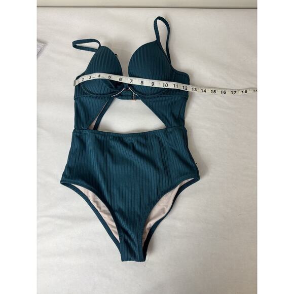 Shade & Shore One Piece Swimsuit Cutout Push Up Padded Ribbed Tie-Front Teal 32A - Picture 3 of 8